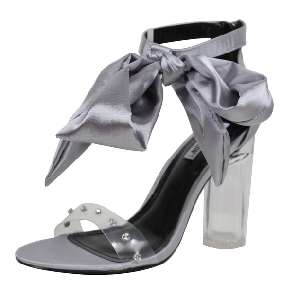 Size 8.5 Silver Ribbon Tie Clear Strap Lucite Heel - Picture 2 of 8
